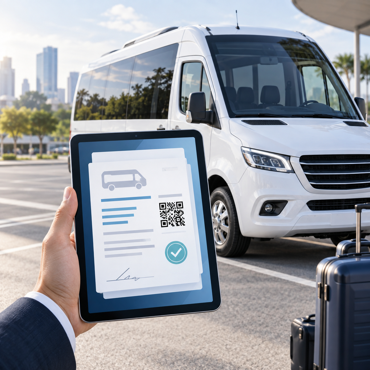 Zonna DeCA: DeCA digital en tablet junto a un vehículo de transporte de viajeros
