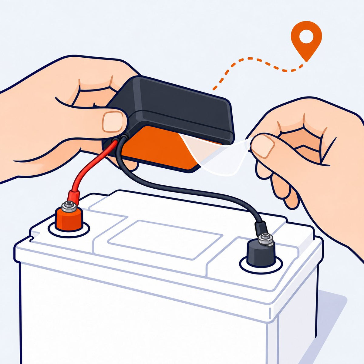 O lo conectas a la batería del vehículo y lo pegas con el adhesivo